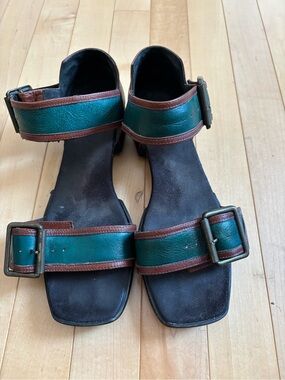 John Fluevog Green and Brown Leather Buckle Sandals -Size 9